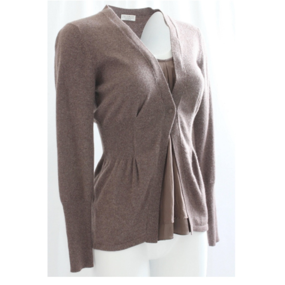 Brunello Cucinelli Sweater Pullover Soft Brown Cashmere Knit Silk Insert Size M - Picture 2 of 7